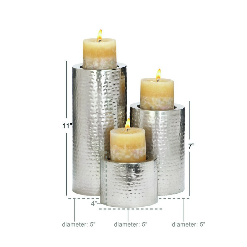 601183 Cosmoliving By Cosmopolitan Set Of 3 Silver Metal Industrial Candle Holder 7